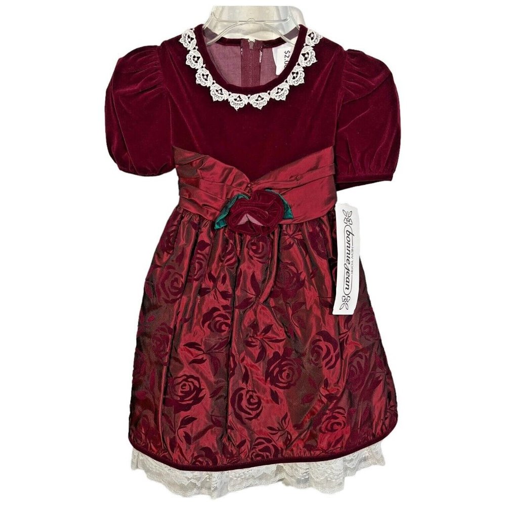 New Bonnie Jean Girls Velvet Dress Burgundy‎ Taffeta Size 5 Lace Bow Holiday VTG